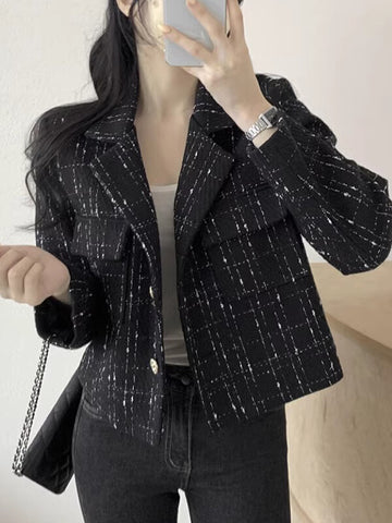 Airchics blazer courte carreaux boutonnage avec poches femme mode